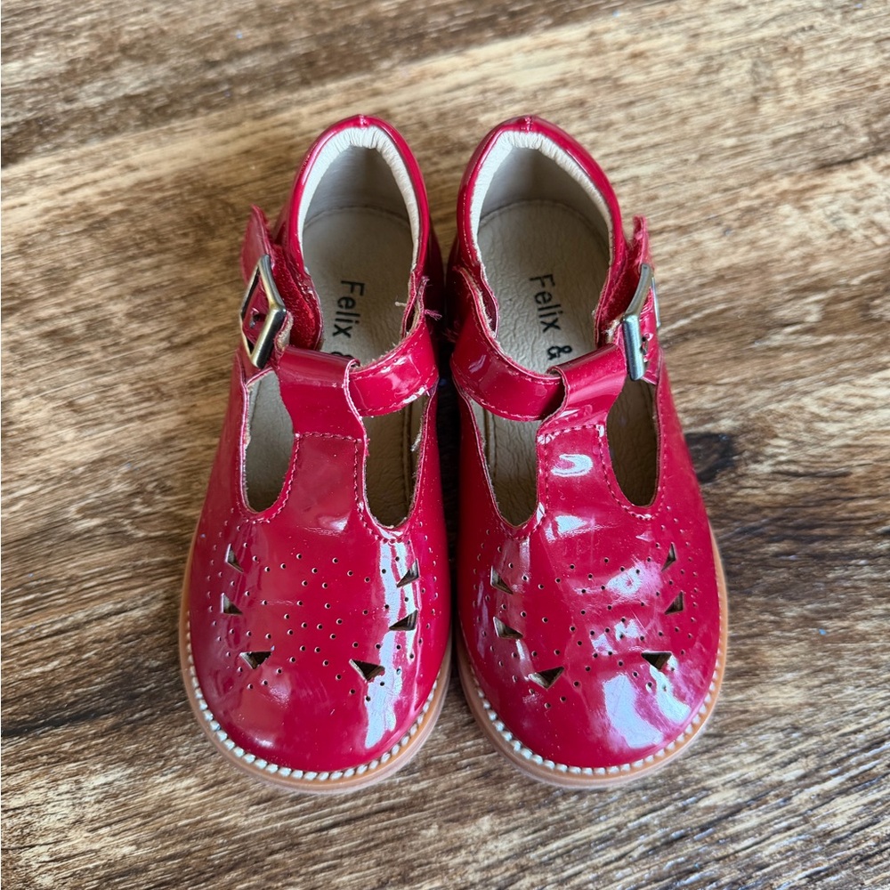 Girls Felix and flora red patent t strap shoes size 7